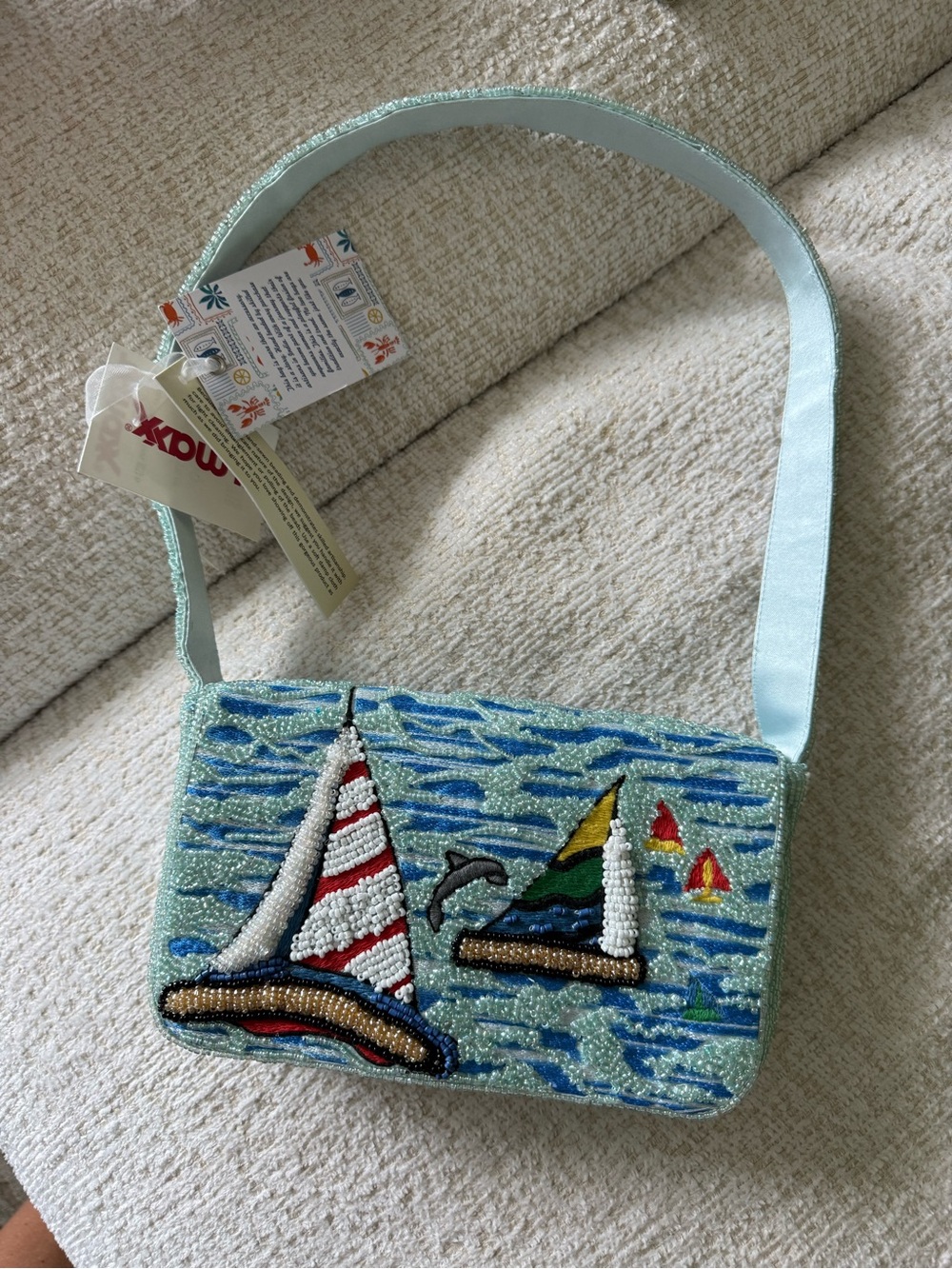 Beaded Sailboat Crossbody Bag in Light Aqua